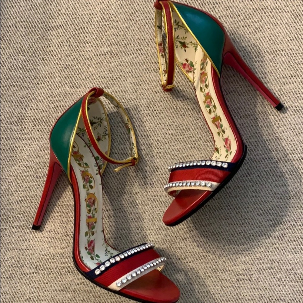 SOLD Gucci Isle Jeweled Ankle-Wrap Heels